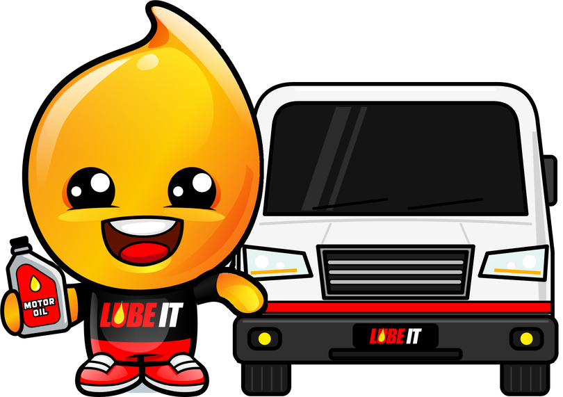 Drippy, the Lube It mascot, beside a fleet van