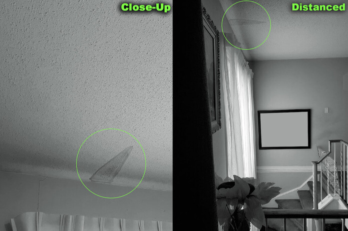 Image of a drywall repair close up and at a distanced, depicting the height of the repair.