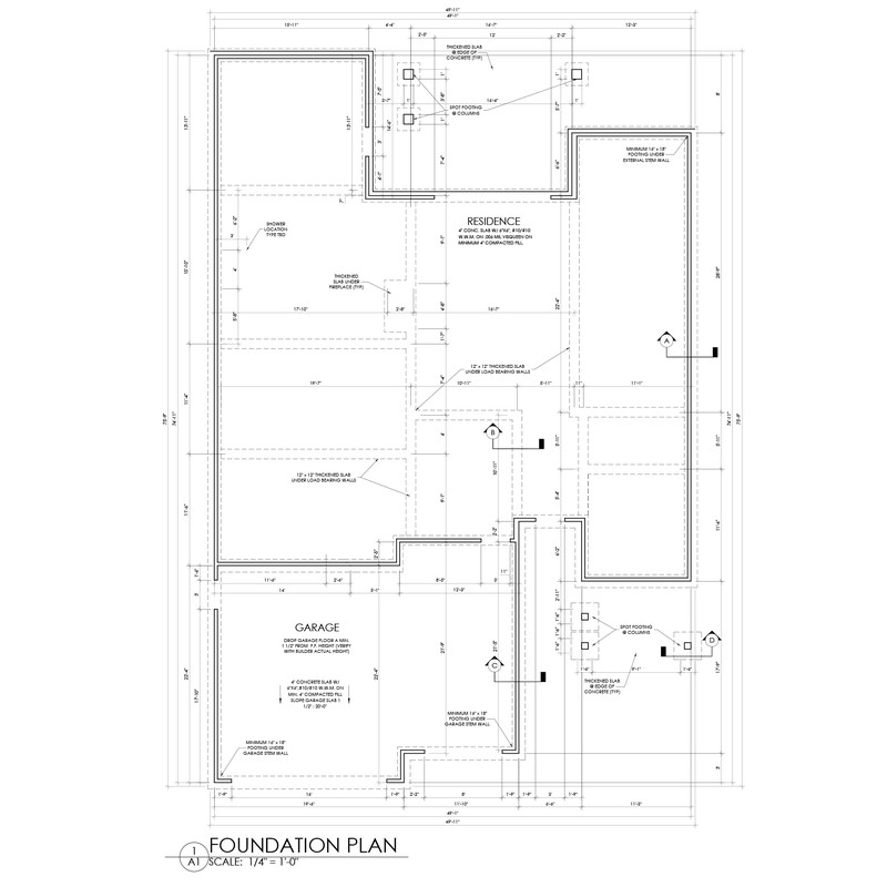 Foundation plan of the 10353 SW 50th custom home in Mustang, Oklahoma, illustrating the layout of the residence and three-car garage footprint.