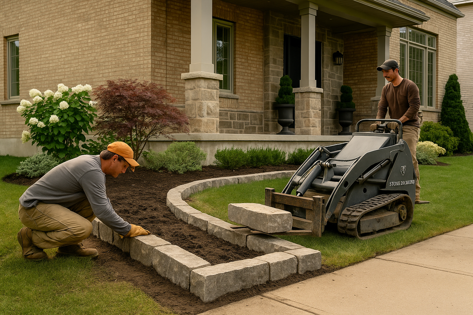 Two Stonebuilders landscapers installing stone garden edging at a residential property.