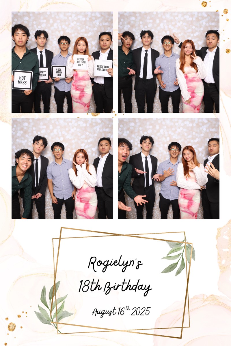 Photo booth collage showing a group of friends posing together in multiple images in front of a soft champagne sparkle backdrop, featuring fun expressions and props during Rogielyn's 18th birthday celebration on August 16, 2025.