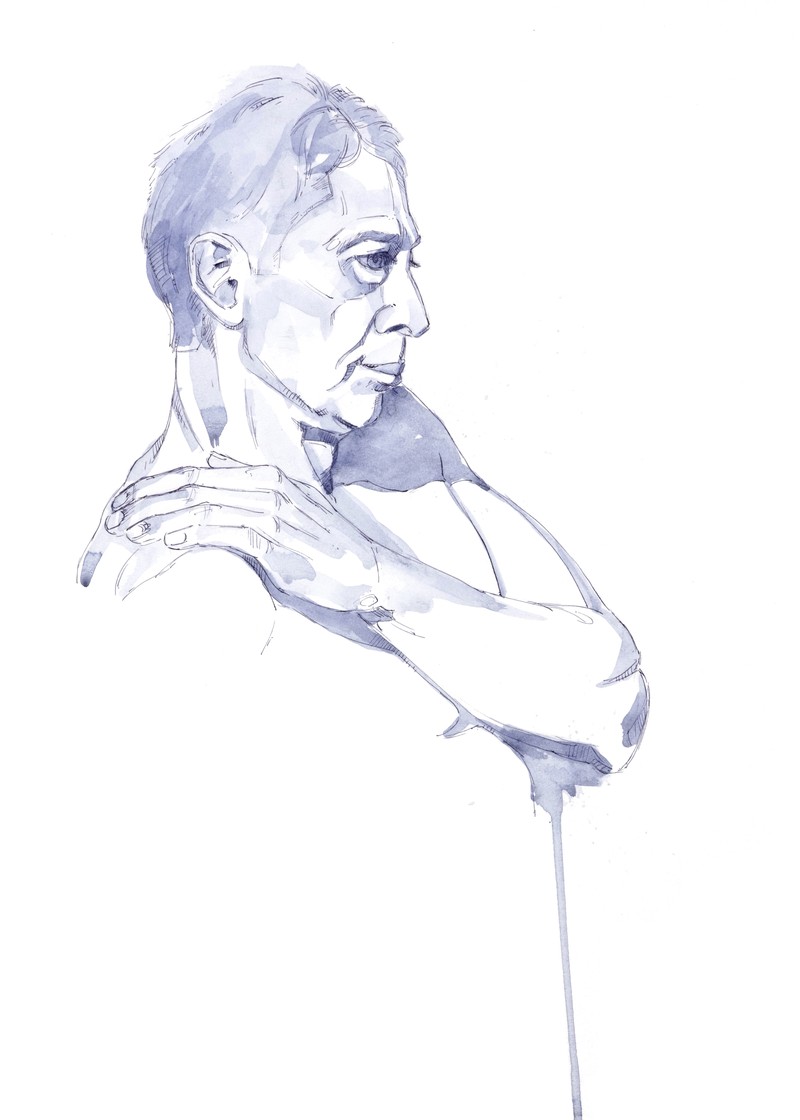 Life drawing portrait of Jorge by Mark Stephenson in October 2025. Acrylic ink and watercolour on watercolour paper.