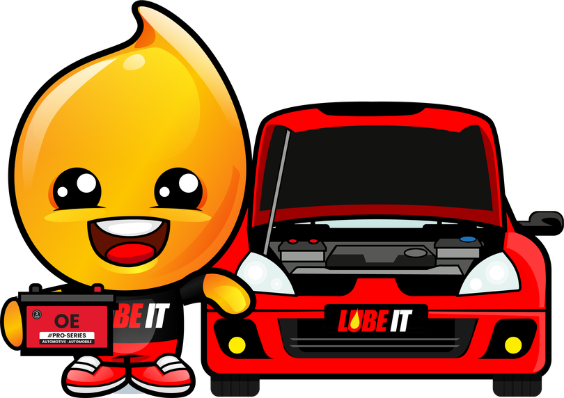 Drippy, the Lube It mascot, with a Pro Series battery beside a car