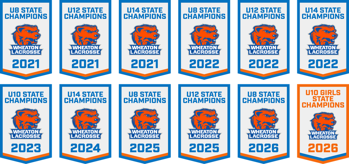 Wheaton Lacrosse state championship banners 2021-2026