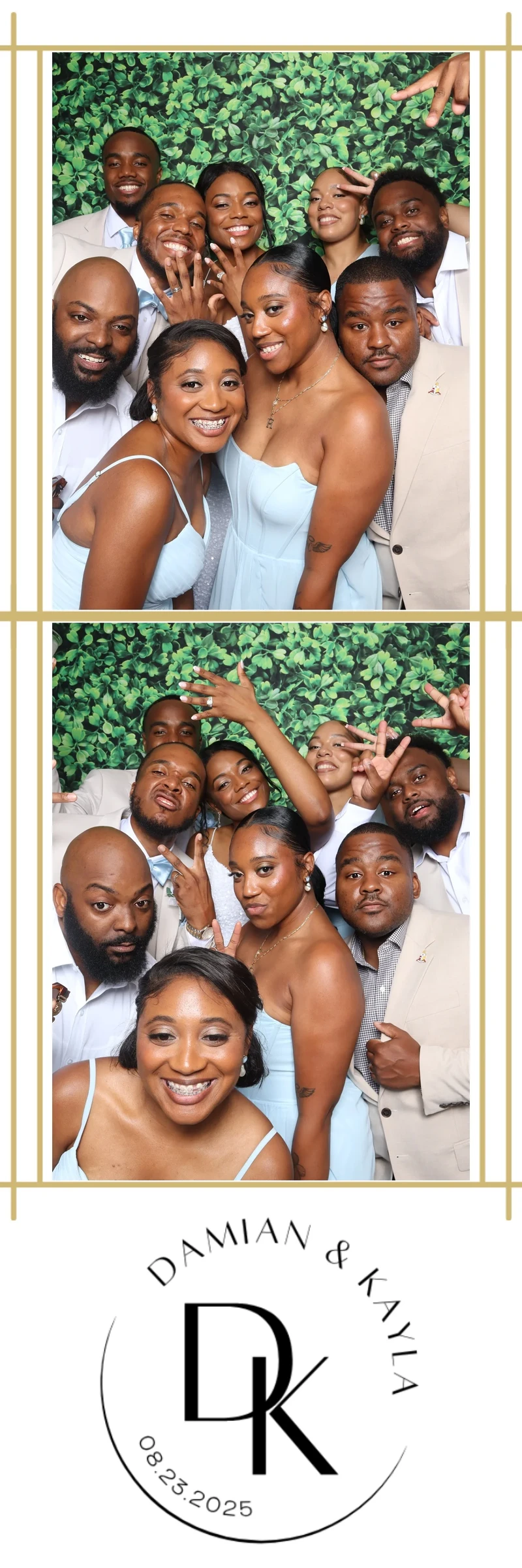 A wedding photo booth print strip showing a group of guests smiling and posing together in front of a green leaf backdrop. The print features multiple poses from the celebration in Virginia Beach.