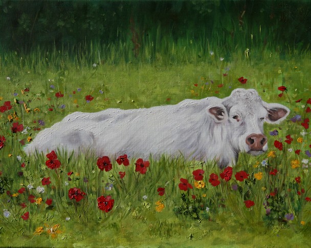 contemporary Oil painting cow in wildflower meadow