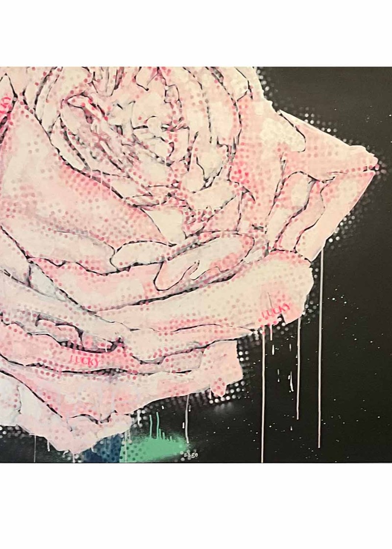 Mixed media art piece, that measures 36" wide by 72" high. Image is of a black and white rose, on a graphic, colourful background.