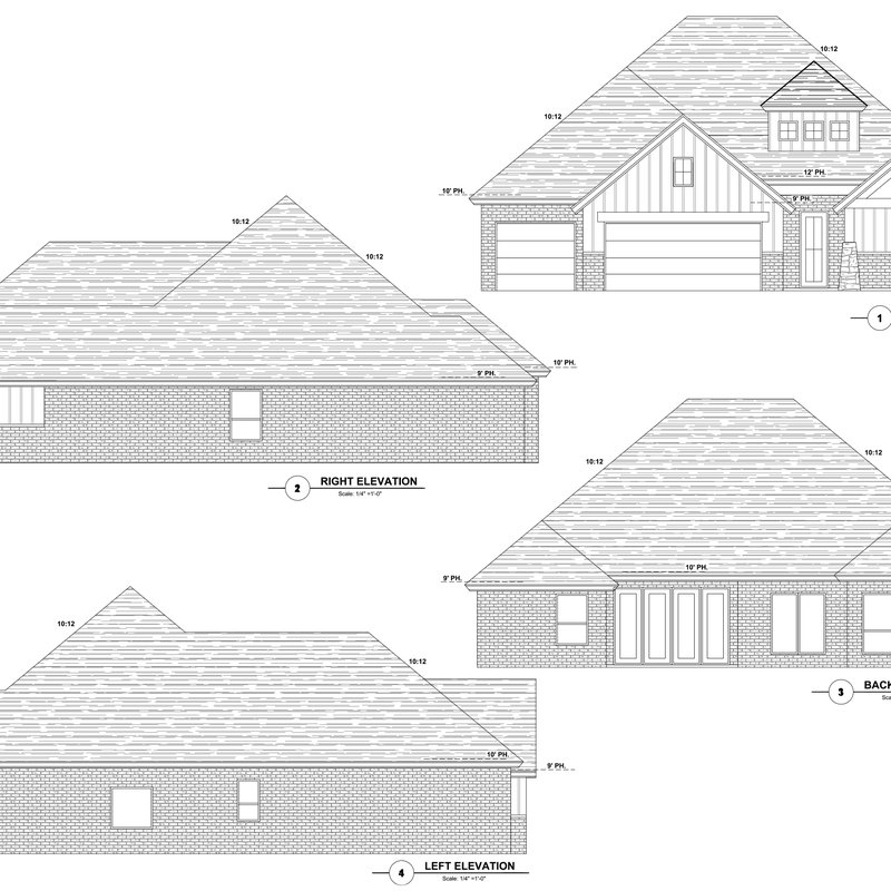 Architectural elevation drawings of the 10308 SW 50th custom home in Mustang, Oklahoma, showing the front, back, left, and right views of the home’s exterior.