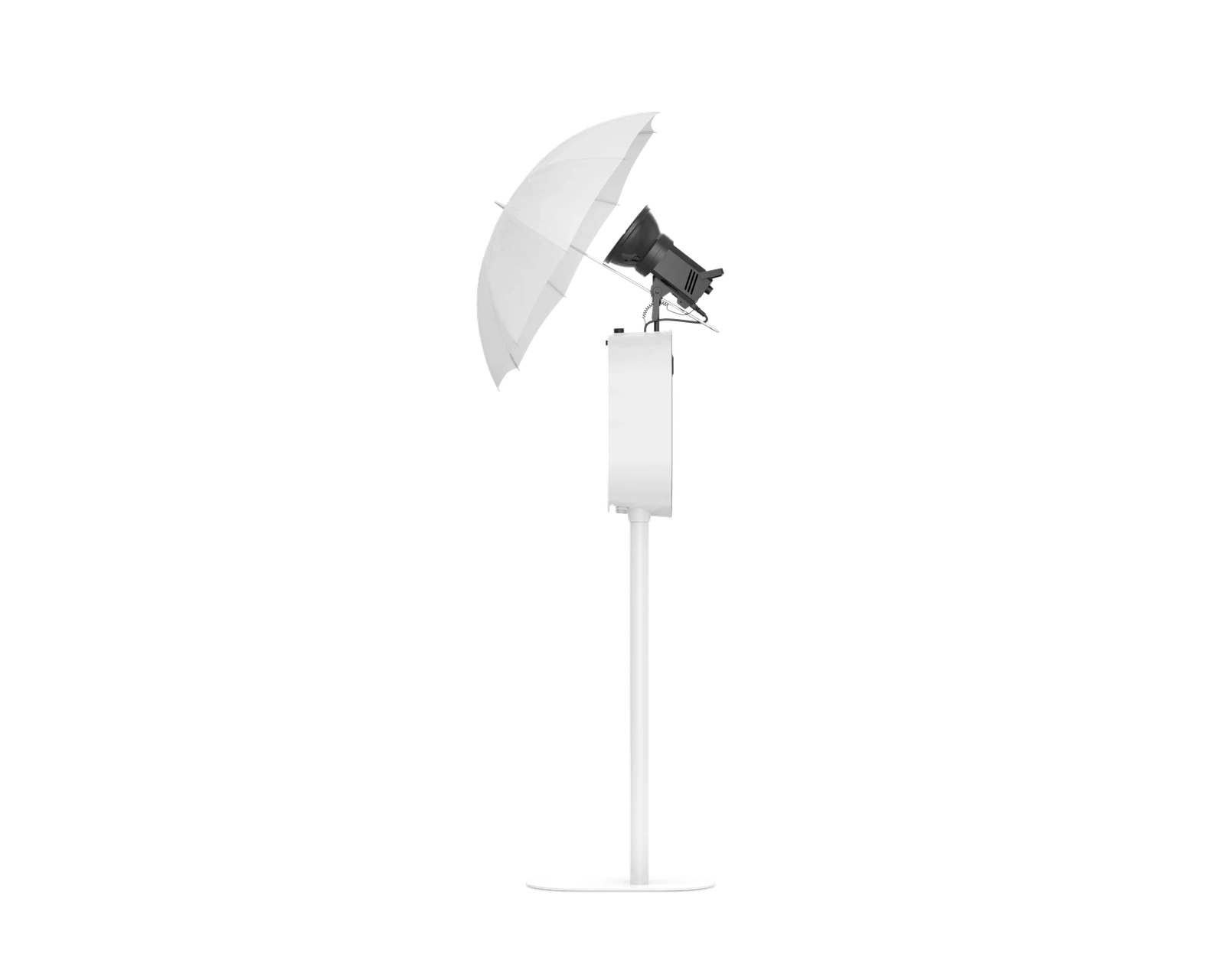 Side view of Guac photo booth with studio lighting on white background.