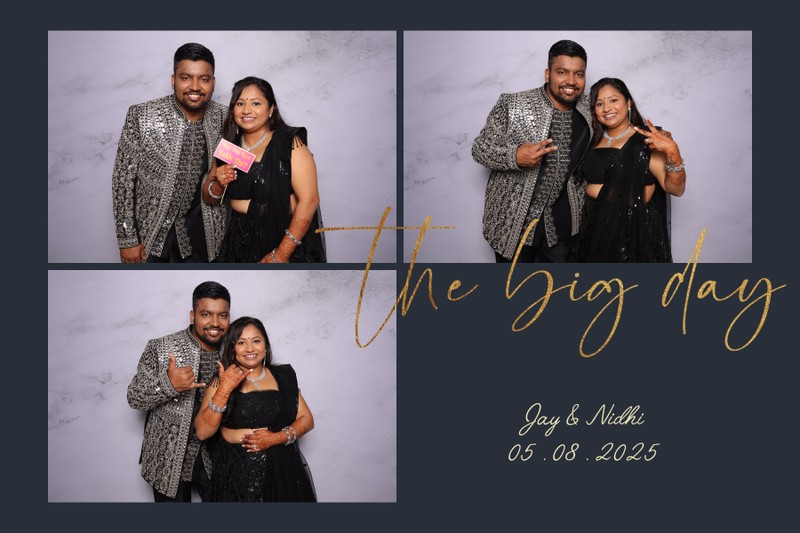 Wedding photo booth collage featuring a couple posing together in multiple photos in front of a light textured backdrop, with elegant gold script reading “The Big Day” and the names Jay and Nidhi with their wedding date.