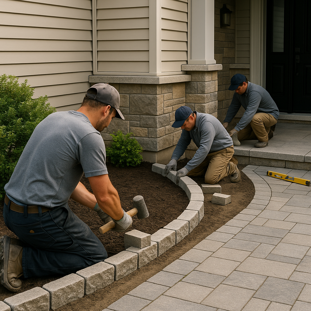 Stonebuilders landscapers installing precision-cut stone borders and decorative accents at a home’s front entryway, ensuring perfect alignment and craftsmanship.