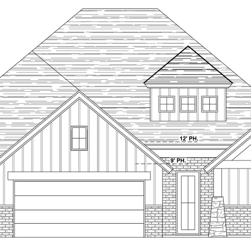 Architectural elevation drawing of the 10308 SW 50th custom home in Mustang, Oklahoma, featuring a three-car garage, gabled rooflines, and a mix of brick and siding exterior.