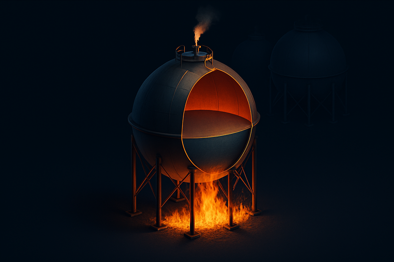 Illustration of an LPG sphere exposed to fire while its relief valve vents