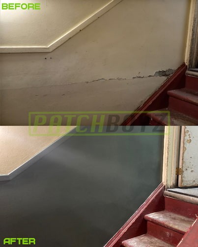 before and after image of a plaster repair in a staircase. Repaired and painted blue.