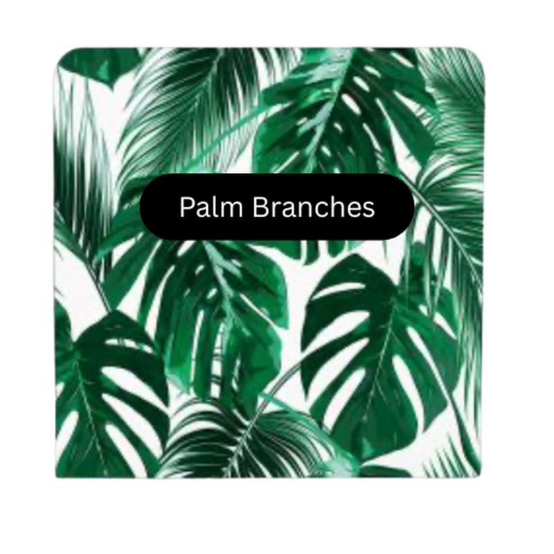 Green palm leaf photo booth backdrop with a clean, tropical design, ideal for summer events, beach weddings, and outdoor celebrations.