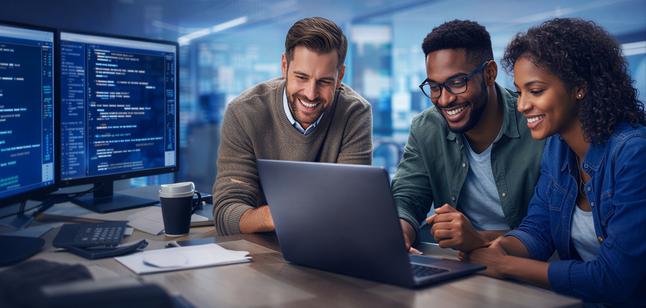 Three software developers collaborating on a laptop while reviewing code on multiple monitors in a modern office workspace.