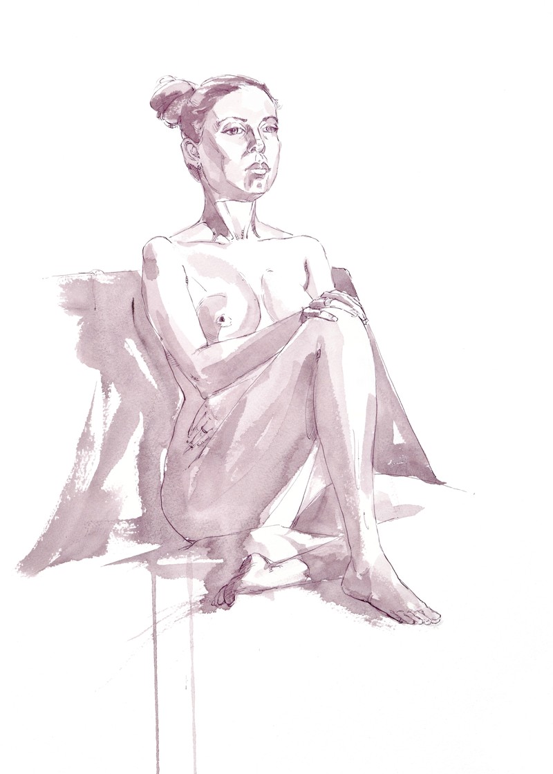 Life drawing by Mark Stephenson from April 2025. Acrylic ink and watercolour on watercolour paper.