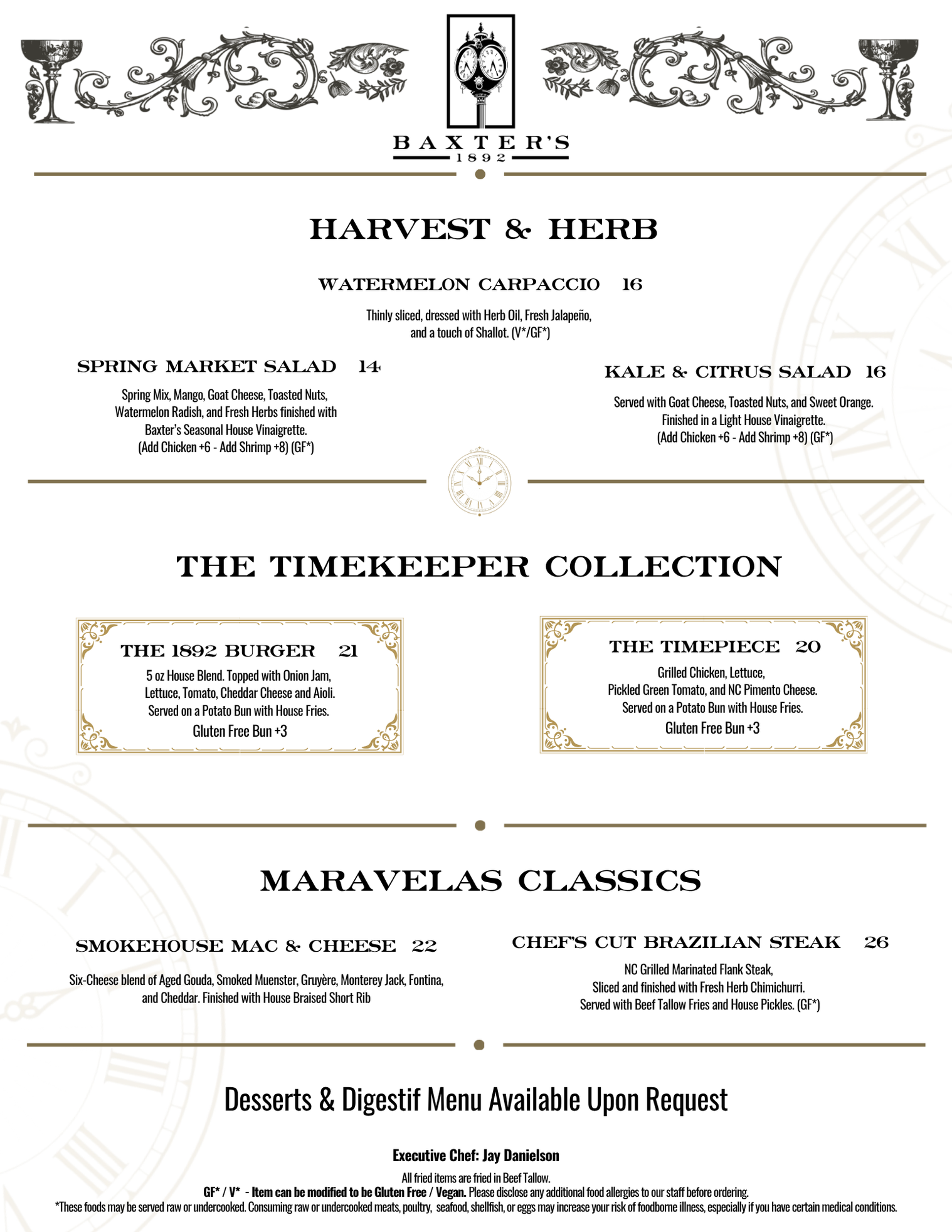 Baxter's 1892 Restaurant - Menu