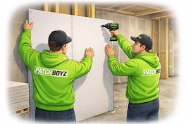 animation of 2 PatchBoyz techncians in their green hoodies installing sheetrock in a toronto home.