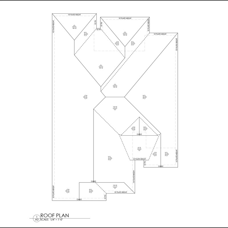 Roof plan layout of the 10353 SW 50th custom home in Mustang, Oklahoma, displaying gabled and hipped rooflines with 10’ and 12’ plate heights.
