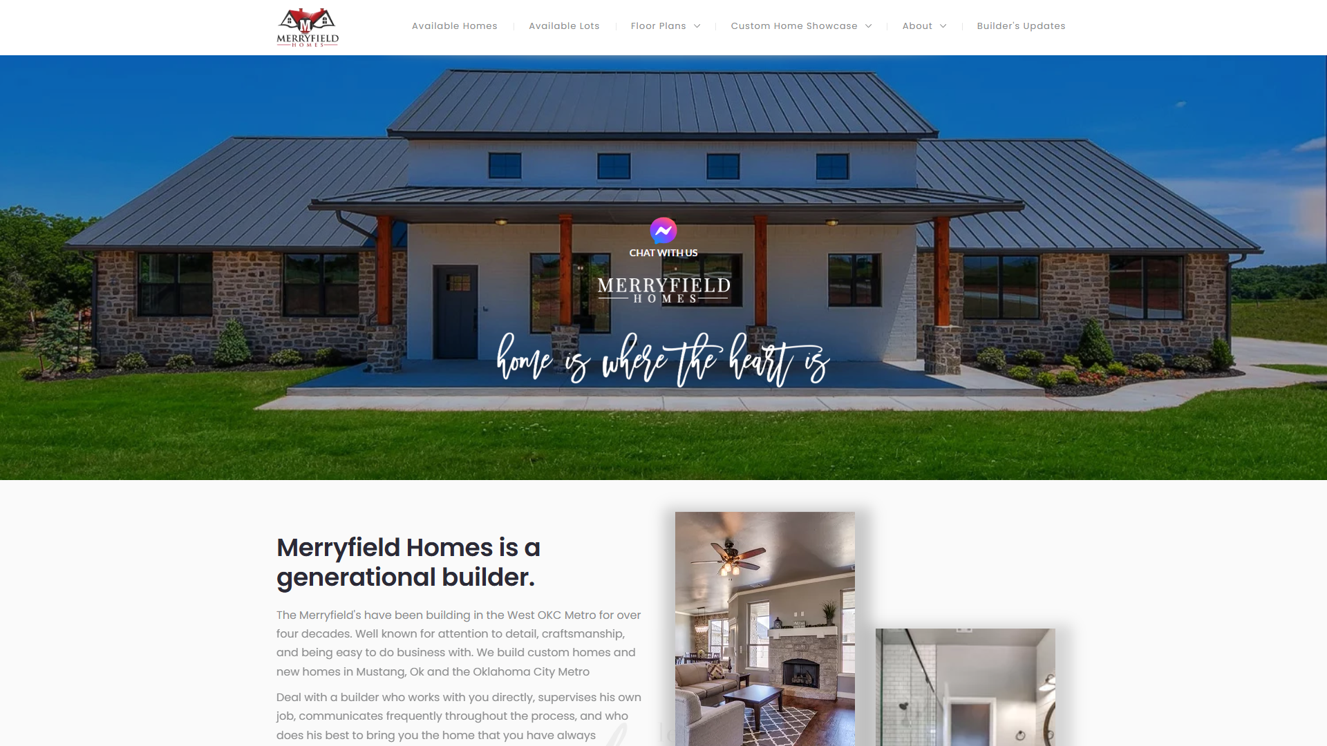 Screenshot of the Merryfield Homes website designed by Vito Creative using Pagecloud, featuring an elegant, modern layout that highlights custom-built homes and craftsmanship.