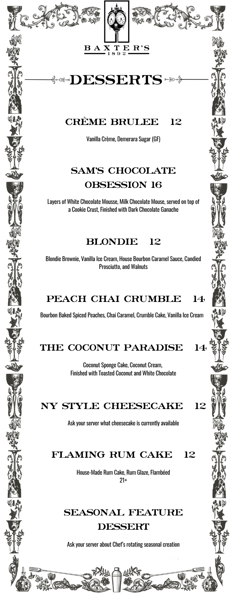 Baxter's 1892 Restaurant - Menu