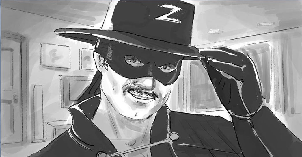 Jared storyboards featuring Zorro and Ryan Reynolds by Wes Simpkins