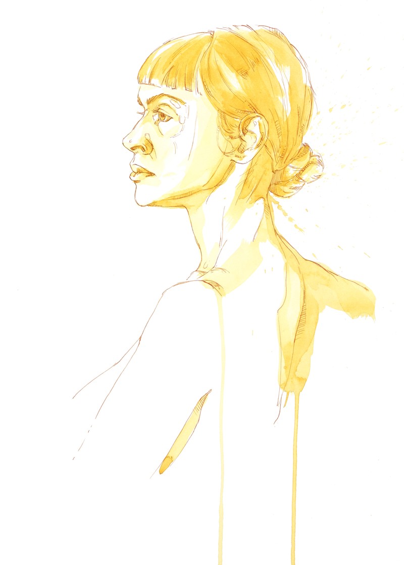 Life drawing portrait of Christine by Mark Stephenson in December 2025. Acrylic ink and watercolour on watercolour paper.