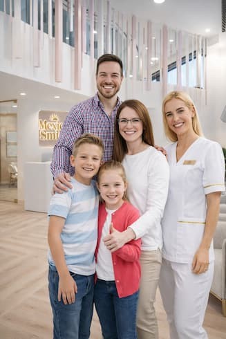 A happy family with a dentist after getting a 3 on 6 dental implant treatment