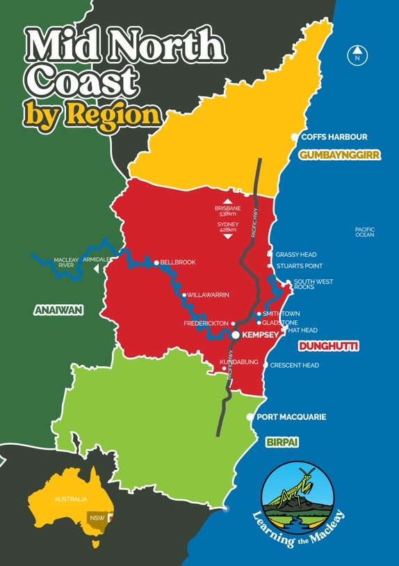 An image displaying a map of the Mid North Coast region indicating the areas of the Gumbaynggirr, Dunghutti, Anaiwan and Birpai people.