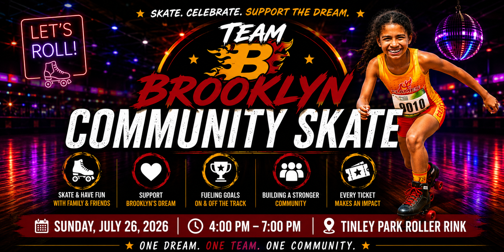 Team Brooklyn Evening Community Skate fundraiser on July 26 from 4 PM to 7 PM at Tinley Park Roller Rink