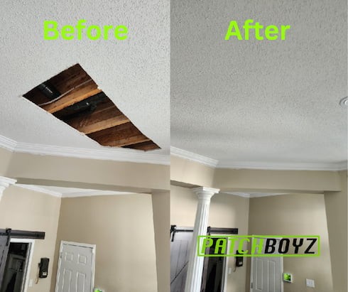 before and after a stipple ceiling repair in Vaughan. fast and seamless repair.