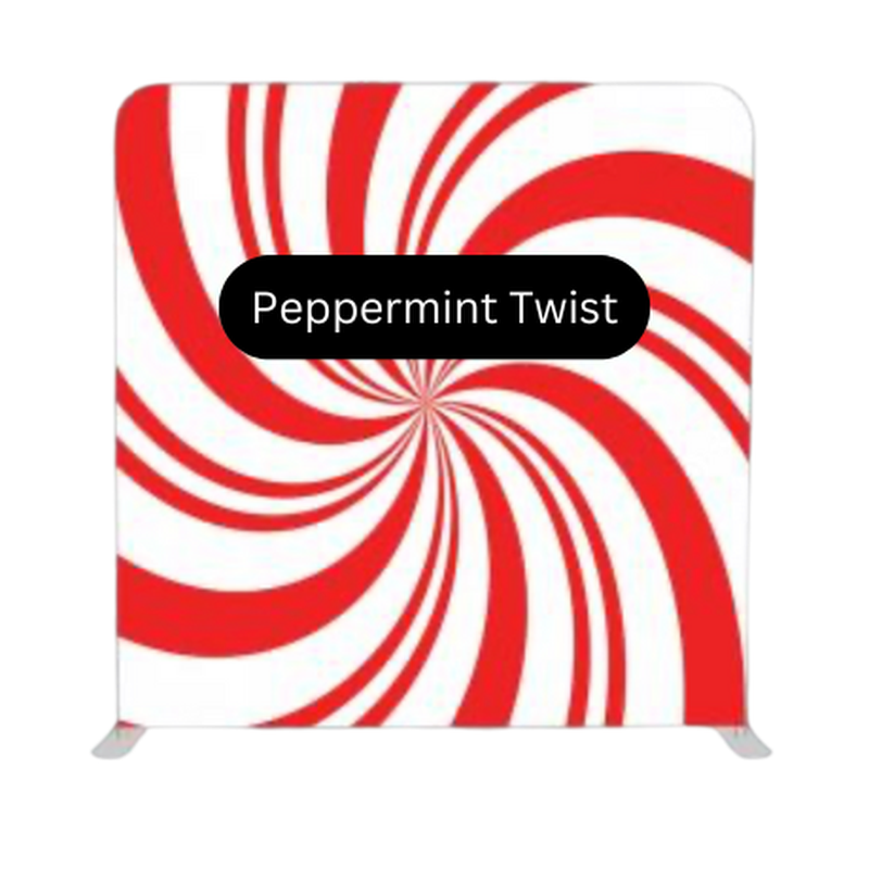 Red and white swirl photo booth backdrop inspired by peppermint candy, ideal for holiday parties, Christmas events, and winter celebrations.