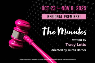 Artwork for The Minutes (a hot-pink gavel), written by Tracy Letts and directed by Curtis Barber.