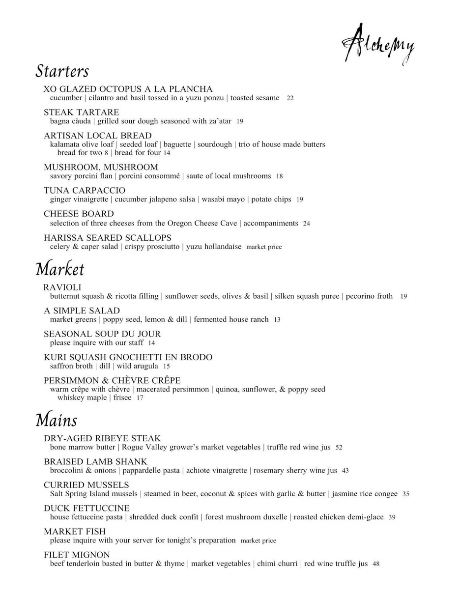 Restaurant Reservation for Alchemy Restaurant in Ashland Oregon