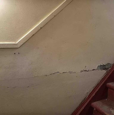 This is a Vaughan lathe and plaster repair before we executed the fix. We use fibafuse tape.