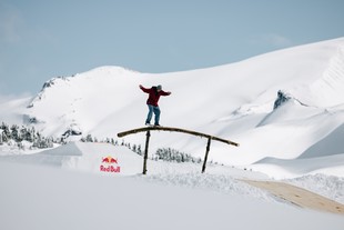 Canadian skateboarder Ryan Decenzo skateboarding a custom built feature in Squamish, BC.