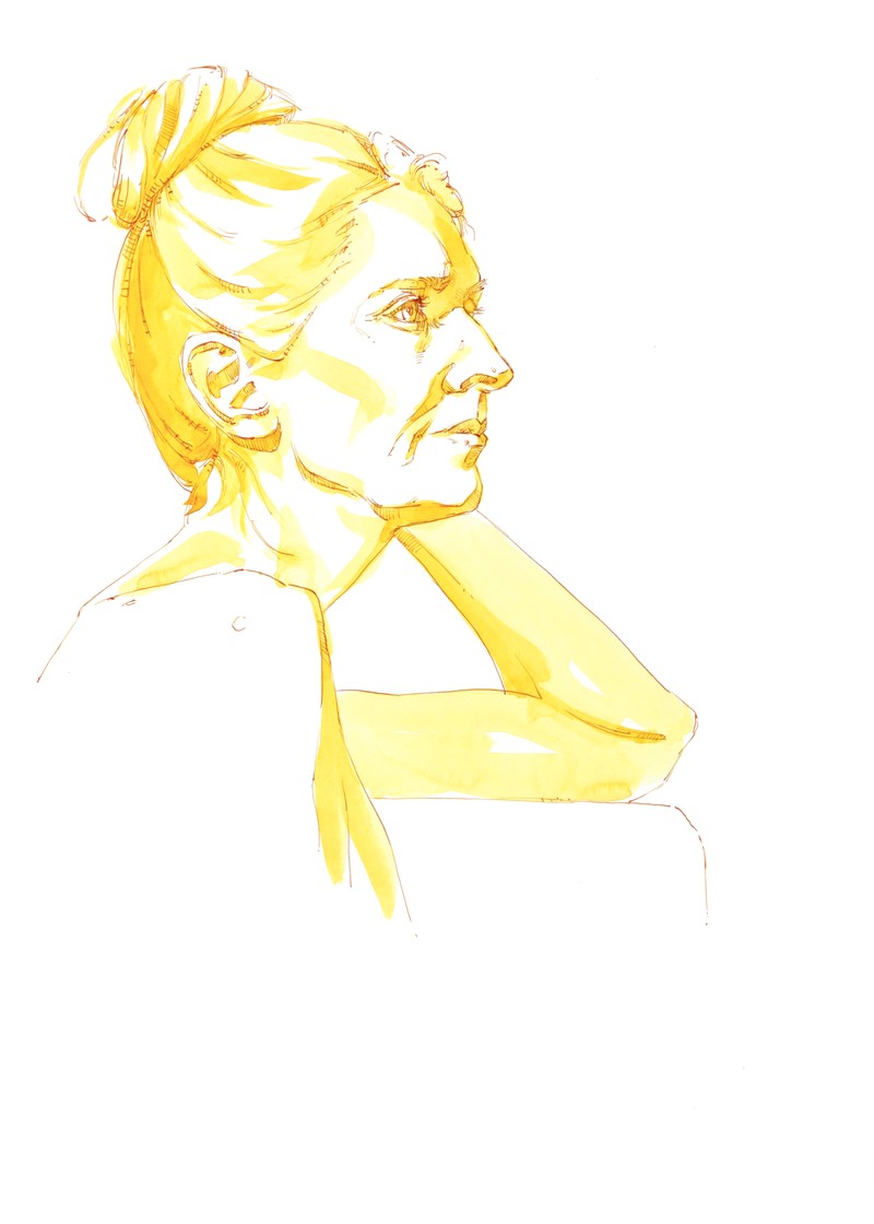Life drawing portrait of Janine by Mark Stephenson in February 2025. Acrylic ink and watercolour on watercolour paper.