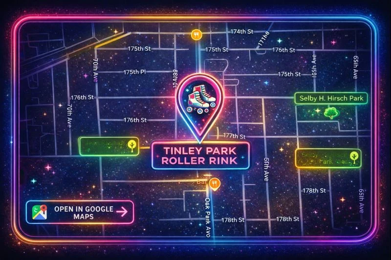 Map showing directions to Tinley Park Roller Rink