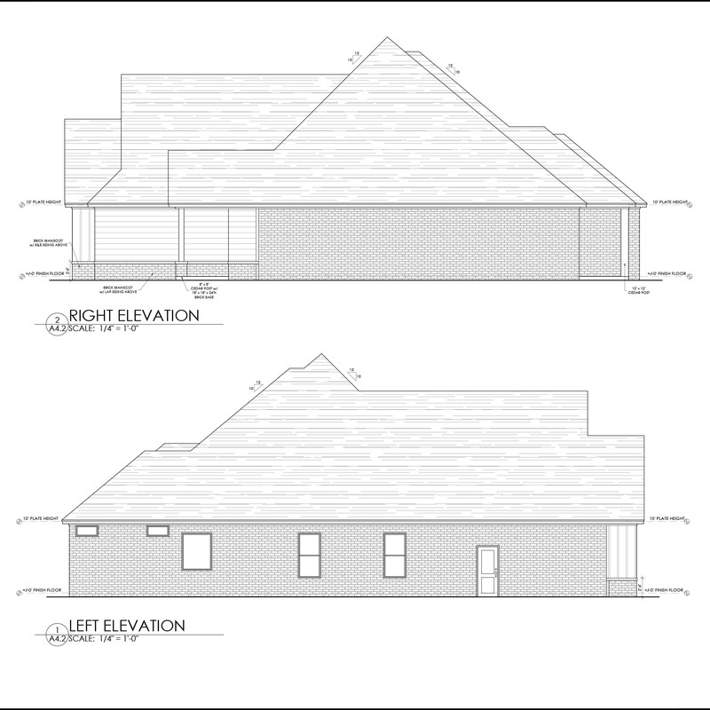 Side elevation drawings showing the right and left exterior views of the 10353 SW 50th custom home in Mustang, Oklahoma.