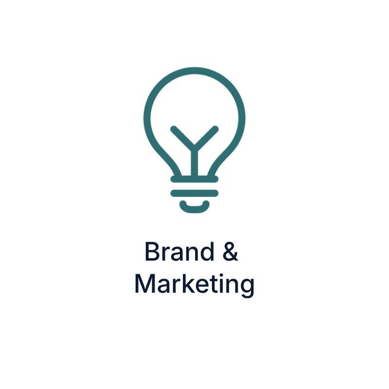 Light bulb icon with the words "brand and marketing" below it.