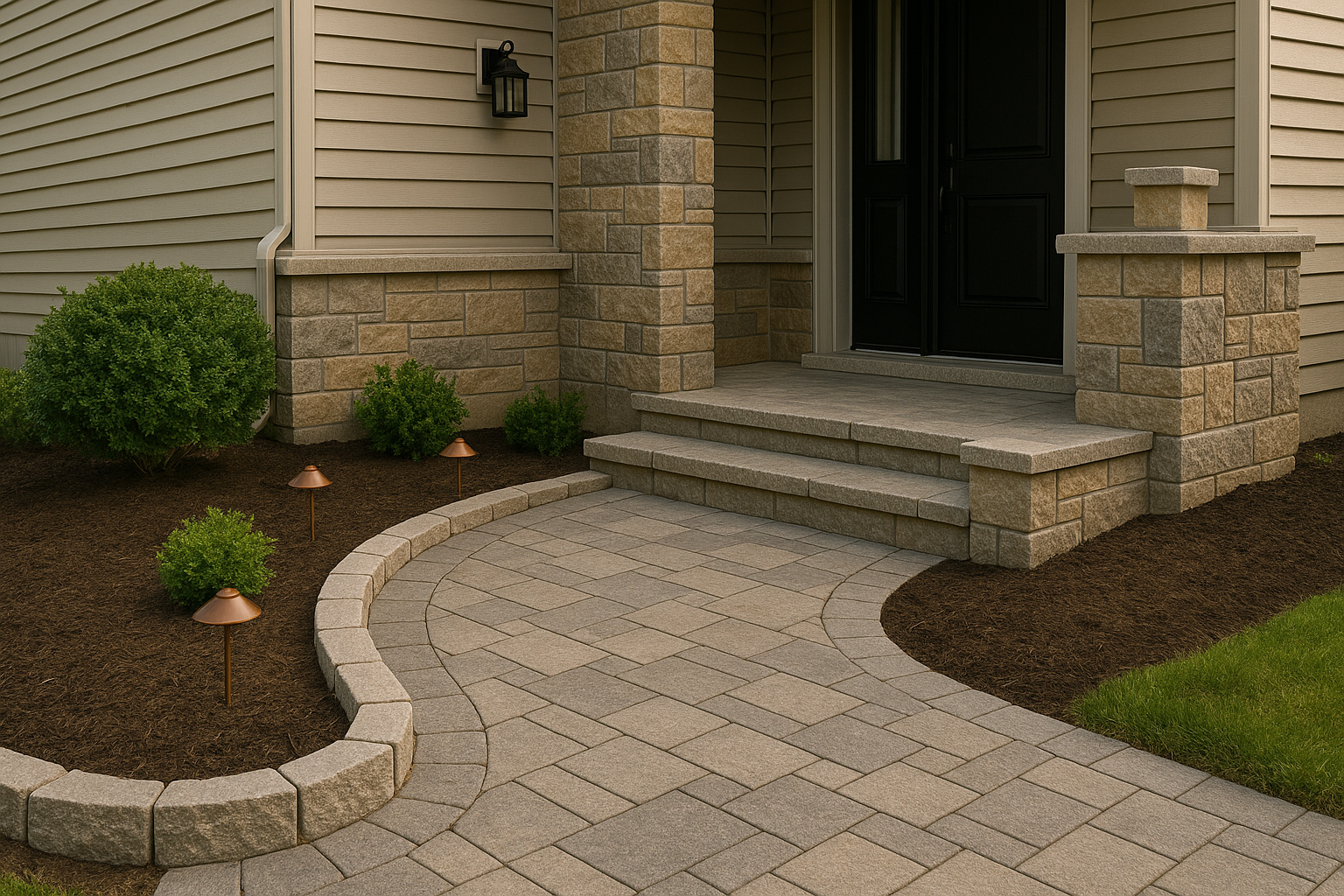 Luxury home exterior featuring precision-cut stone steps, curved walkway, and decorative garden borders installed by Stonebuilders Landscaping.