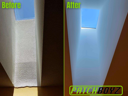 before and after picture of a popcorn repair to a skylight in a residential property