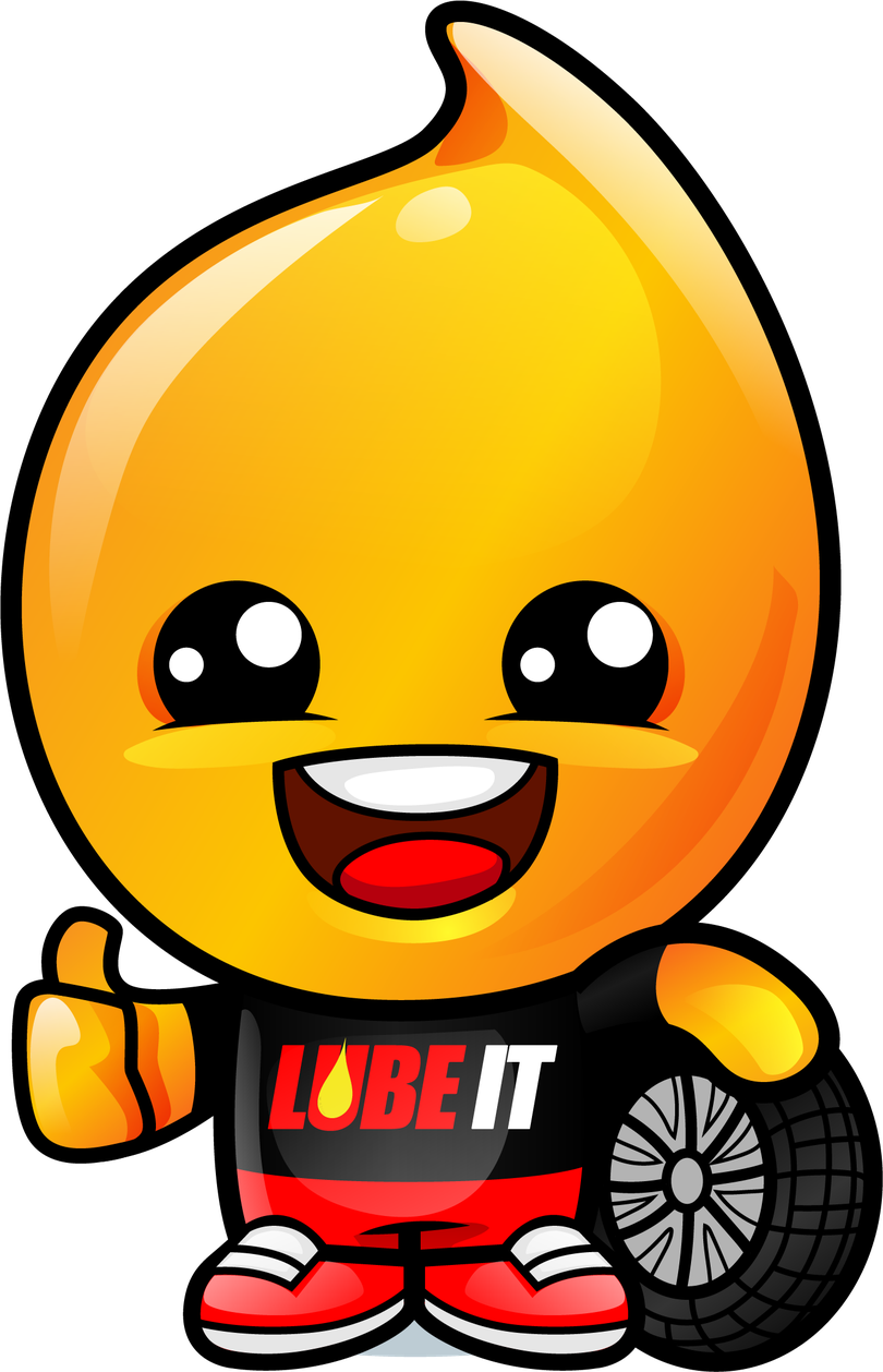 Drippy, the Lube It mascot, holding a tire and giving a thumbs up