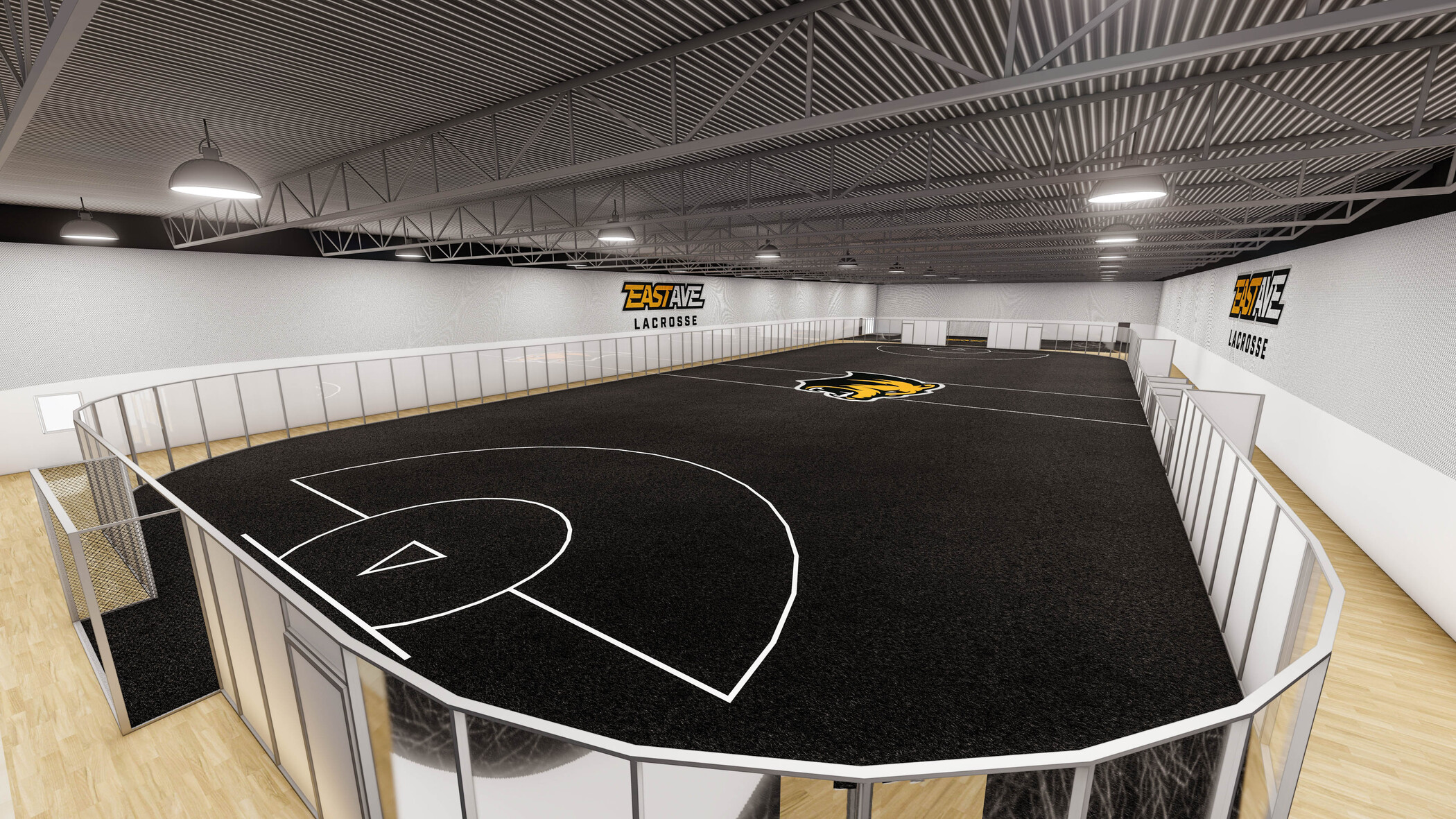 Boarded box lacrosse field