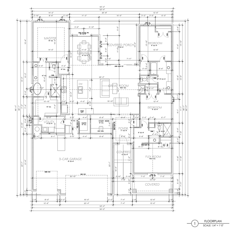 Detailed floor plan drawing of the 10308 SW 50th custom home in Mustang, Oklahoma, with room dimensions for the bedrooms, great room, kitchen, and garage.