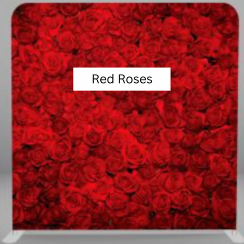 Photo booth backdrop featuring a full wall of red roses, perfect for weddings, anniversaries, Valentine’s Day, and romantic events.