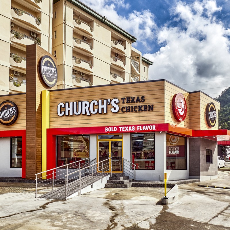 Oblique angle shot of newly built fast-food chicken restaurant.