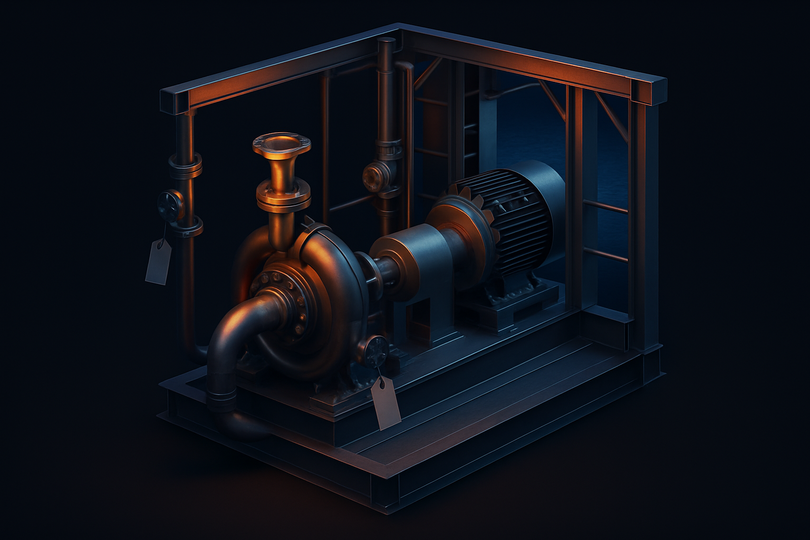 Illustration of a pump skid with a blanked relief-valve connection and permit tags