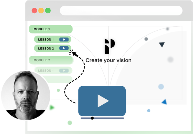 Mauro Scatozza, Pagecloud Course instructor, beside a vector illustration of an online course page, symbolizing fast website creation and easy learning.